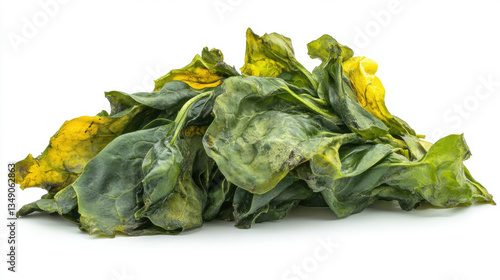 A rotting bundle of spinach leaves with slimy textures and yellowing edges, isolated on white background.