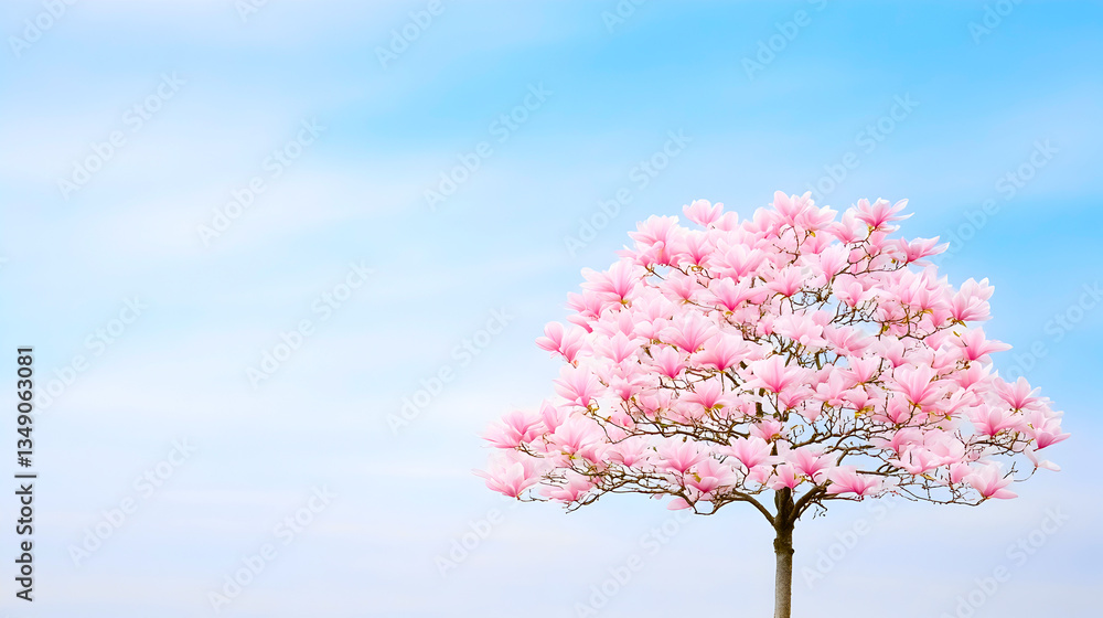 Obraz premium Blooming magnolia tree with delicate pink flowers against clear blue sky, symbolizing renewal. Perfect for seasonal prints, botanical illustrations, and nature themes. Selective focus