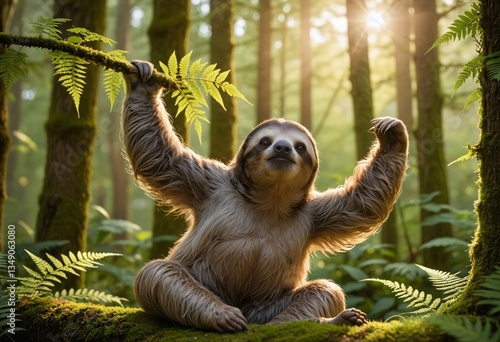 A sloth hangs playfully from a branch in a sunlit forest