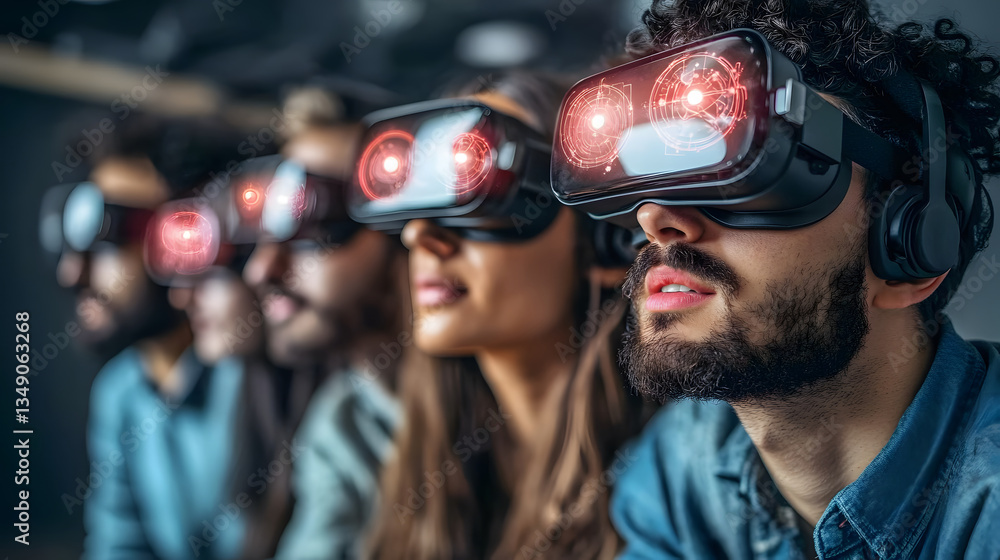 Virtual reality experience with people wearing headsets Virtual reality experience with people wearing headsets