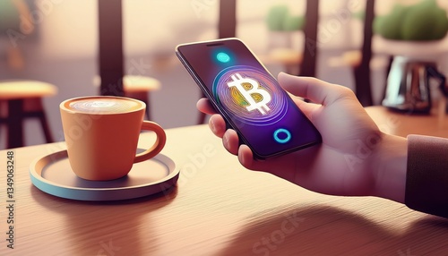 A hand holds a smartphone displaying a bitcoin while enjoying coffee.