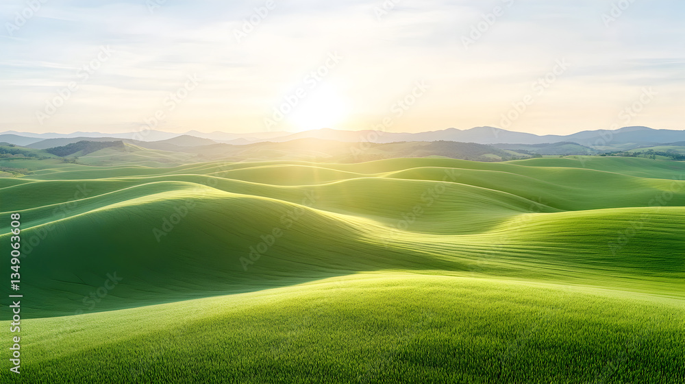Obraz premium Vibrant green hills covered in thick grass under a warm golden glow. Great for eco-themed projects and nature wallpapers. Selective focus