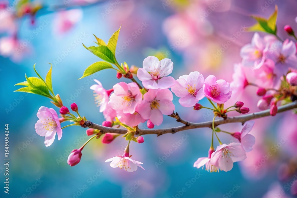 Blooming Cherry Branch Tilt-Shift, Miniature Spring Blossom, Soft Focus Blue Background Blooming Cherry Branch Tilt-Shift, Miniature Spring Blossom, Soft Focus Blue Background