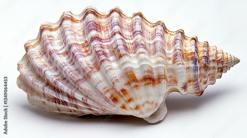 Detailed seashell with spiral, stripes, and ridges on white background. Detailed seashell with spiral, stripes, and ridges on white background.