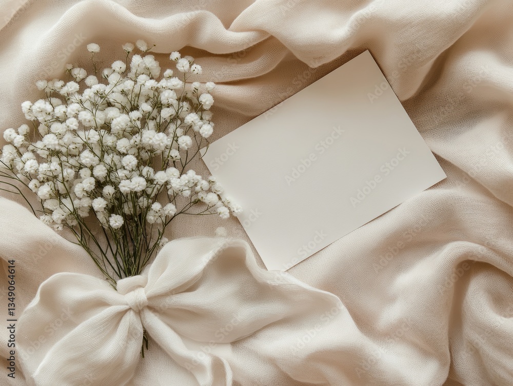 Elegant wedding invitation with blank card on soft beige fabric decorated with delicate white flowers and silk bow