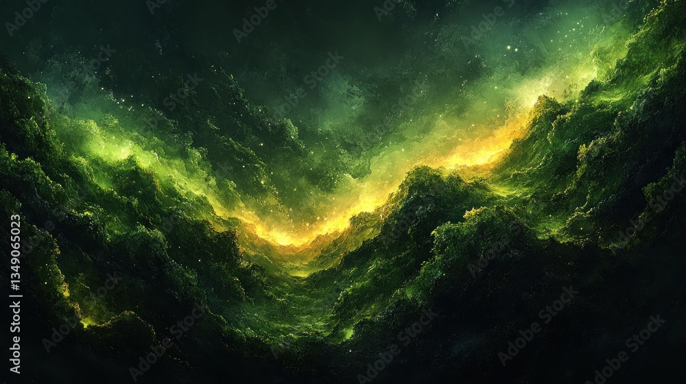 Obraz premium Cosmic green nebulae with glowing valleys