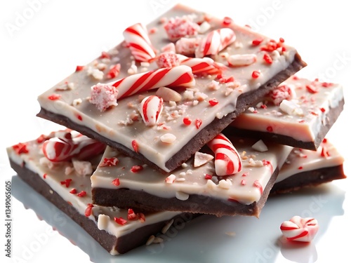 A close-up of a stack of homemade peppermint bark chocolate candy treats, featuring white chocolate, red and white candy canes, and crushed peppermint.