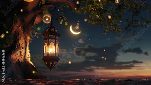 Islamic lanterns hanging on trees with beautiful moon and starry night background with magical and charming Ramadan atmosphere. Background of Eid al-Fitr and Eid al-Adha celebration night