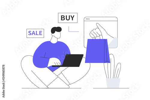 Shopping online. Man Character making purchases, ordering delivery and paying with credit cards. Flat Cartoon Vector Illustration, icon. Stylish abstract design web