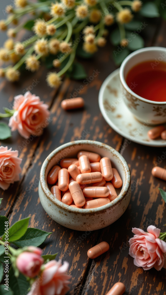 A wooden table with a small bowl filled with pink magnesium glycinate capsules, surrounded by blooming flowers, tea cup, and dried flowers. A wooden table with a small bowl filled with pink magnesium glycinate capsules, surrounded by blooming flowers, tea cup, and dried flowers.