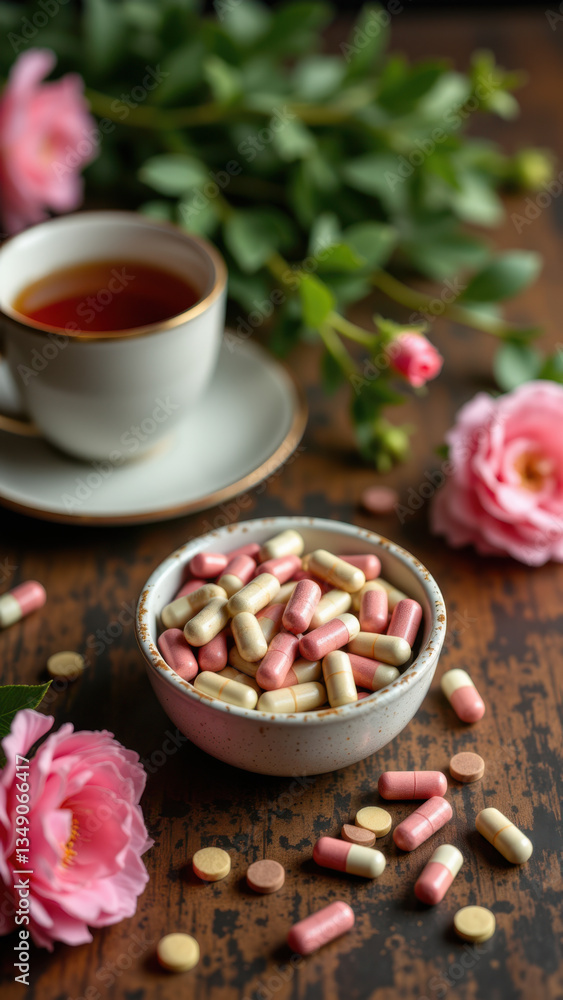 Magnesium Glycinate supplements on a wooden surface with teaware for tea drinking. A calm and health-focused scene. Magnesium Glycinate supplements on a wooden surface with teaware for tea drinking. A calm and health-focused scene.