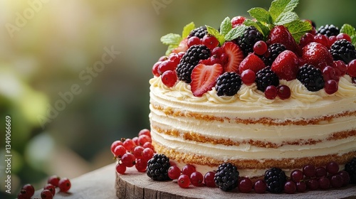 Berries Cake Outdoors Summer Garden Dessert