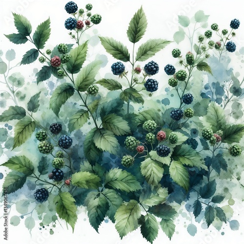 Vibrant watercolor composition of blackberry plants with green leaves for fresh botanical art