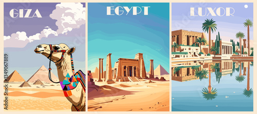 Set of Egypt travel destination posters in retro style. Luxor, Giza landscapes vector colorful illustration