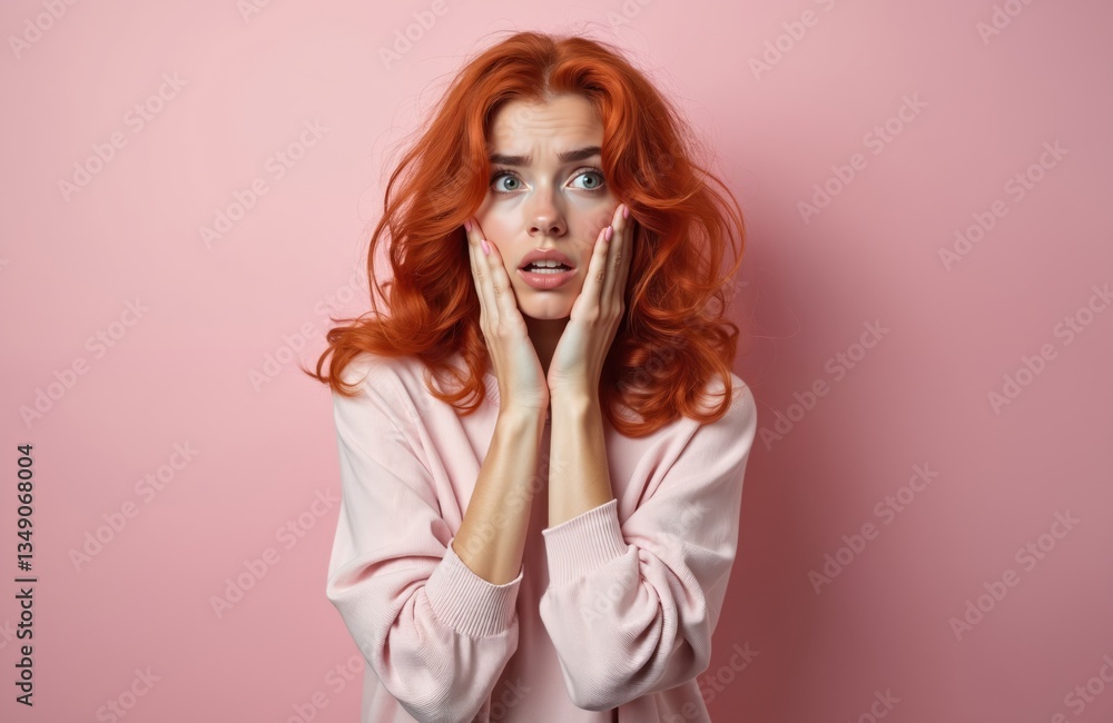 Redhead woman looks with puzzled, confused expression. Attractive female with dumb, stunned emotion, holding face with hands. Doubt, question, think about something unexpected. Redhead woman looks with puzzled, confused expression. Attractive female with dumb, stunned emotion, holding face with hands. Doubt, question, think about something unexpected.