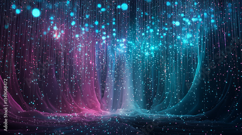 Soft Focus Abstract Background with Glowing Dots and Flowing Lines in Teal and Purple