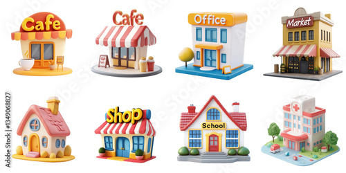 Cartoon building transparent collection in png no background for decoration.