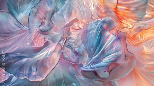 Abstract organic forms, resembling the intricate patterns of seashells, with a delicate and iridescent surface. Soft focus, painterly style, high resolution.