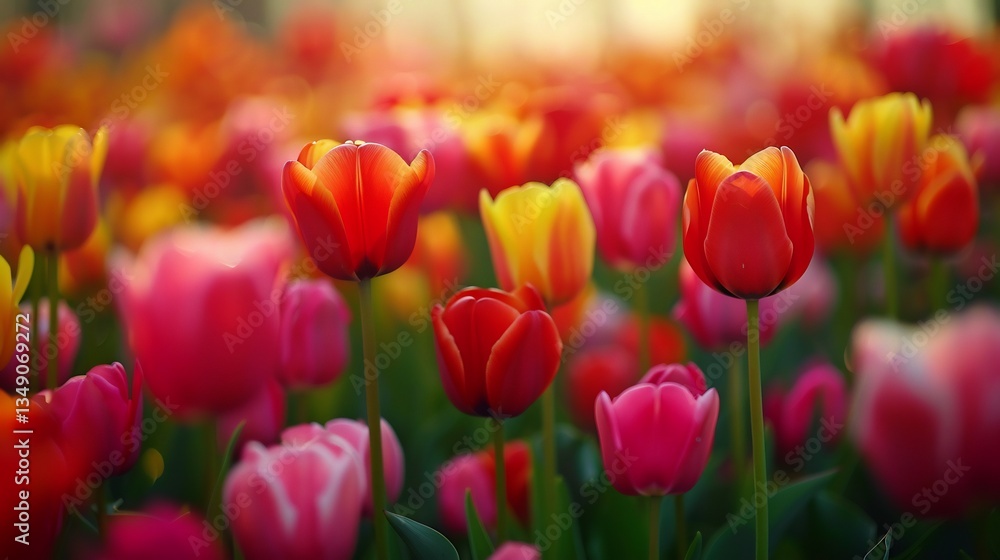 Obraz premium Breathtaking tulip field in the Netherlands with colorful flowers blooming in perfect alignment highlighting the beauty and economic value of horticulture