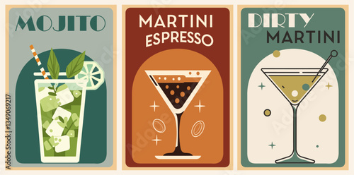 Cocktails retro poster set. Espresso Martini, Dirty Martini, Mojoto. Collection of popular alcohol drinks. Vintage flat vector illustrations for bar, pub, restaurant, kitchen wall art print.