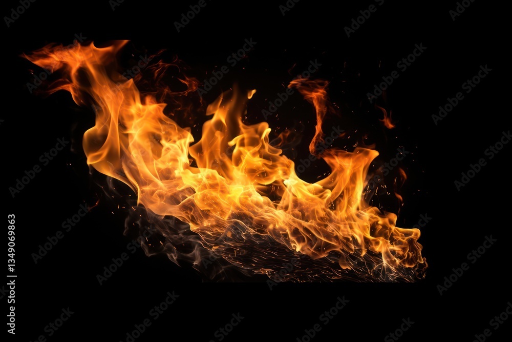 Fototapeta premium Fire sprewing bonfire black background illuminated.