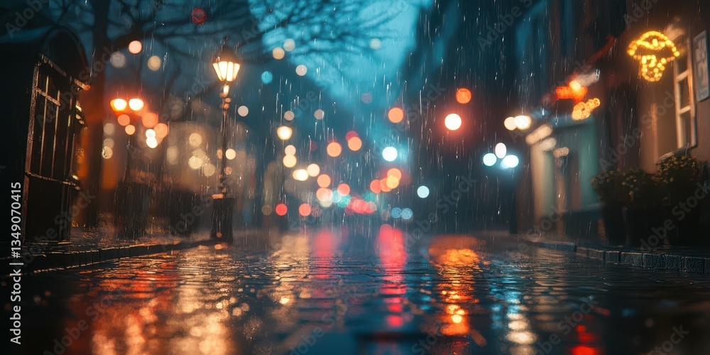 Rainy evening street in a vibrant city with glowing lights and reflections Rainy evening street in a vibrant city with glowing lights and reflections