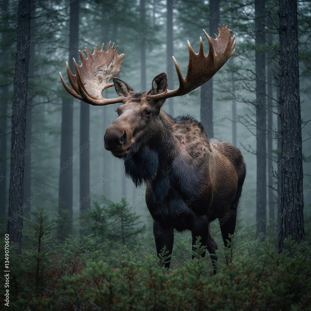 Moose Standing in a Misty Pine Forest Moose Standing in a Misty Pine Forest