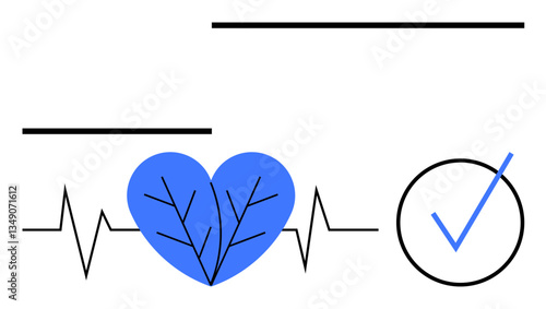 Blue heart with veins, heartbeat line, and checkmark emphasize health, success, and validation. Ideal for wellness, medical care, health monitoring, fitness approval self-care flat simple metaphor