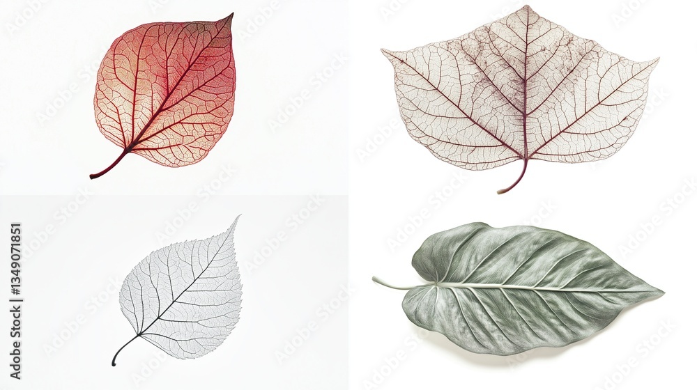 Four leaves; red, transparent, and green, isolated on white. Four leaves; red, transparent, and green, isolated on white.