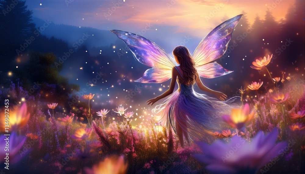 Naklejka premium Magical fairy with shimmering wings flying through a field of glowing flowers at twilight, enchanting fantasy scene, dreamy illustration