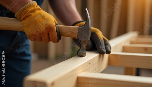 Close-up of a worker's hands using a hammer and nails on a wooden beam