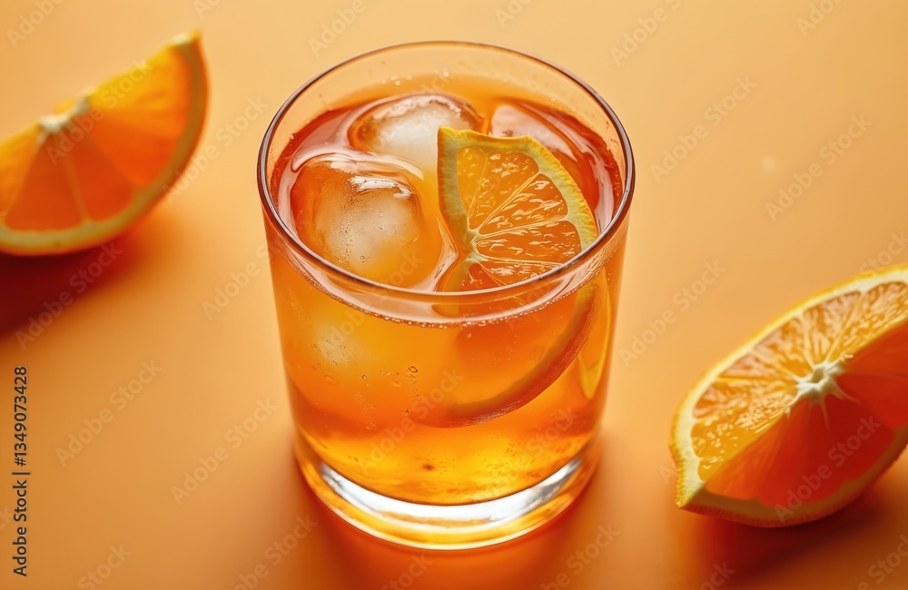 Orange spritz cocktail glass with ice cubes, orange slices on orange background. Refreshing summer beverage. Top view poster design, banner ad, copy space for text. Orange spritz cocktail glass with ice cubes, orange slices on orange background. Refreshing summer beverage. Top view poster design, banner ad, copy space for text.