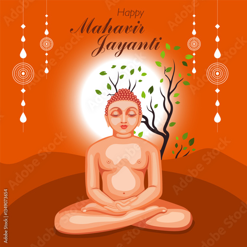 Mahavir Jayanti Celebration Image – Jain Festival Illustration of Lord Mahavir Sitting in Peaceful Meditation with a Divine Glow, Nature Backdrop, and Spiritual Decor for Festive Use