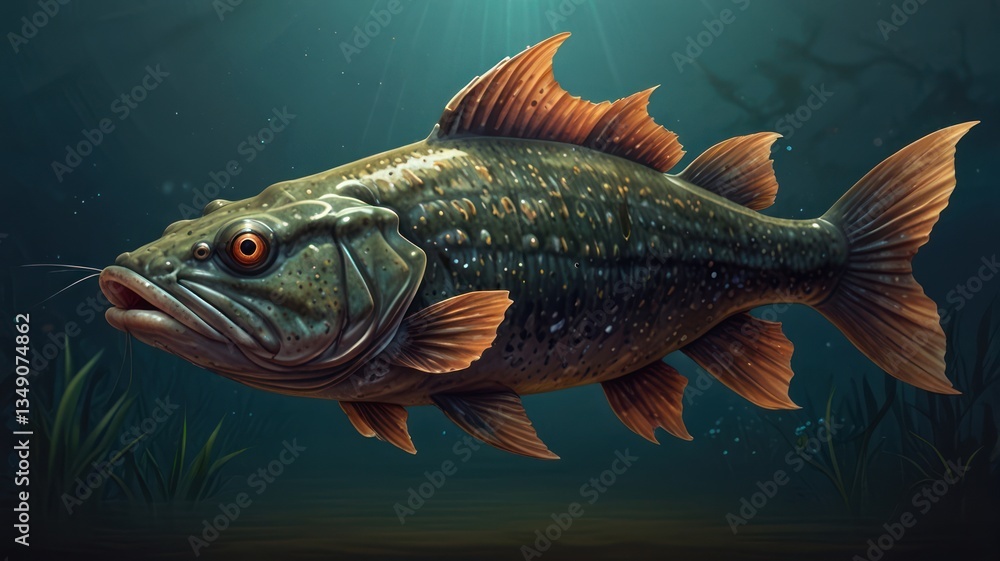 Fototapeta premium Underwater fish illustration, detailed and vibrant. A large, robust fish swims through a dark underwater scene, showcasing realistic textures and colors. The fish has a strong body and fins
