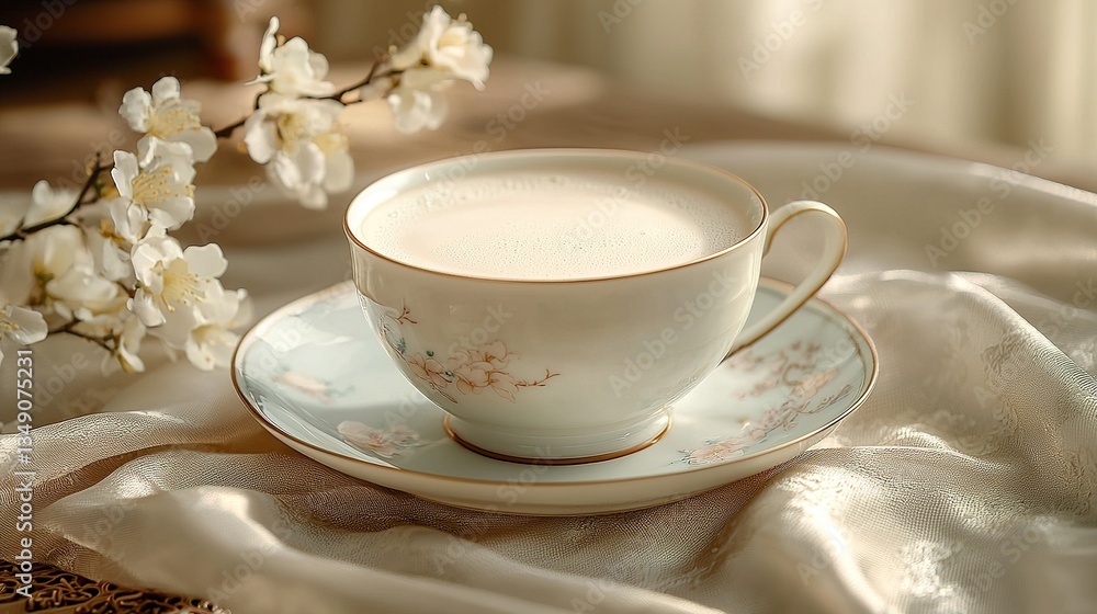 A teacup and saucer are on a decorative fabric surface A teacup and saucer are on a decorative fabric surface