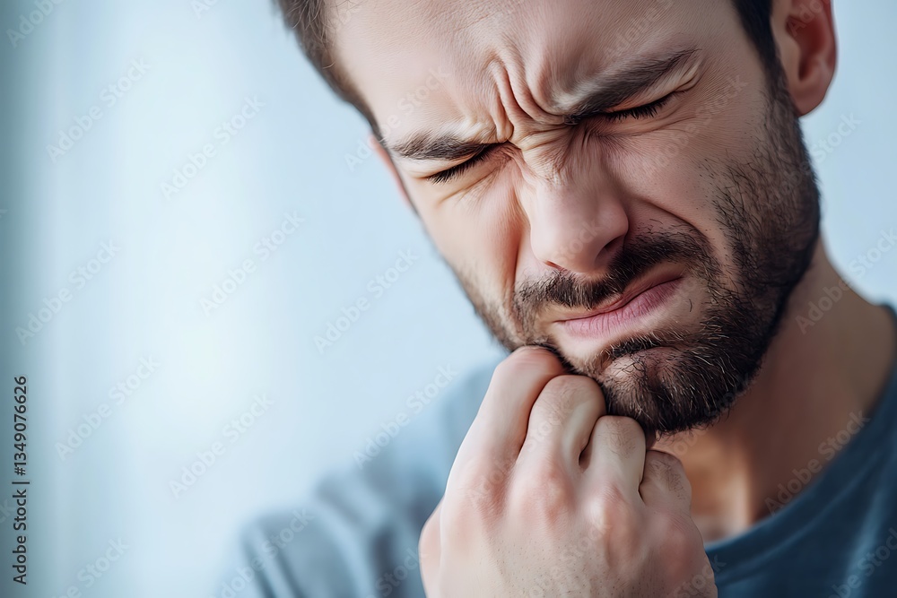 Fototapeta premium A man's face contorted in pain, his eyes squeezed shut as he clutches his jaw, conveying intense discomfort and suffering with a close-up shot and muted background.