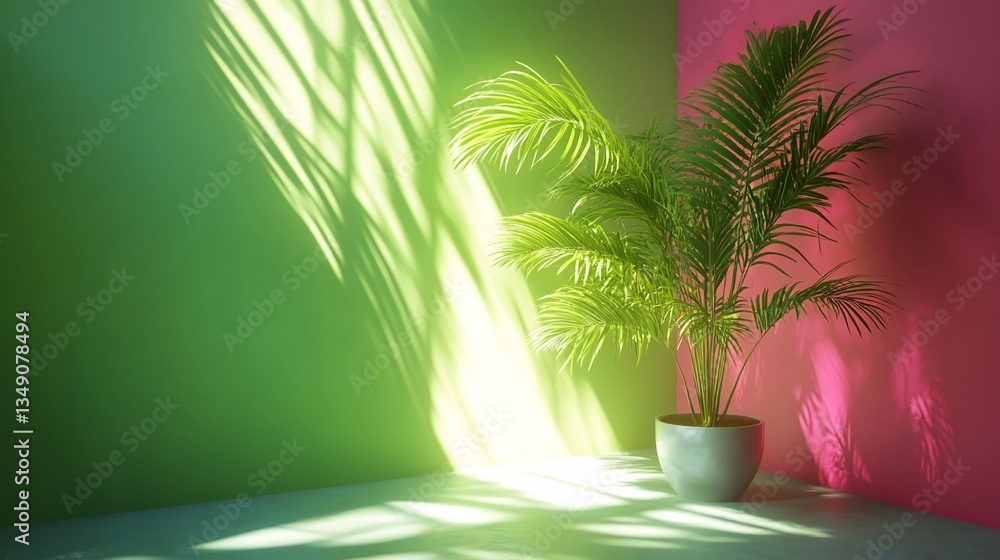 Sunlight illuminates palm plant in corner, green and pink walls, minimalist decor, home design Sunlight illuminates palm plant in corner, green and pink walls, minimalist decor, home design