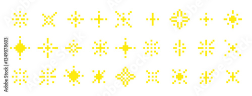 Pixelated sparkle icons, Yellow glowing symbols, Digital starburst, Retro design, Light effects, Pixelated yellow sparkles in various designs, Pixelated yellow sparkles, Pixel art sparkles.