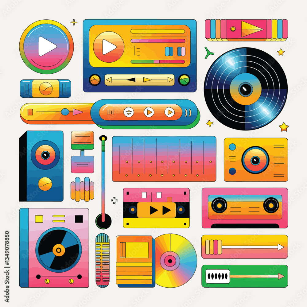 Obraz premium 2d vector illustration icon cool entertainment cartoon character music tools (Drum , Music Note , Headphones ,Microphone , Piano , Guitar ,Record) 