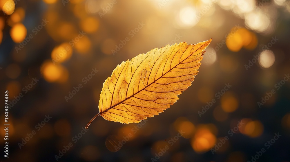 A single golden yellow leaf floats gracefully in the warm sunlight A single golden yellow leaf floats gracefully in the warm sunlight