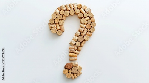 A creative and artistic figure of a question mark carefully arranged using natural wine corks, isolated on a clean white backdrop.