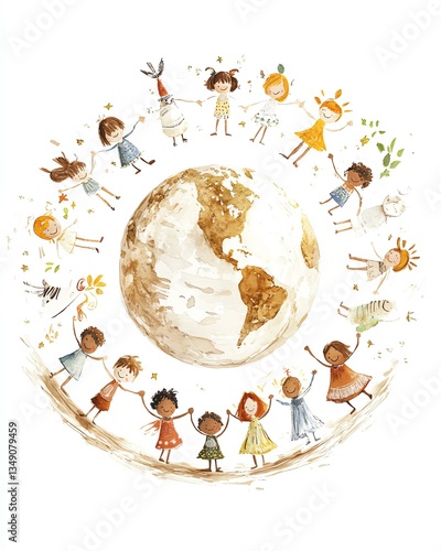 Children of the world holding hands around the Earth, celebrating  unity and children of the world diversity in a heartwarming illustration. Children unite around a colorful globe.