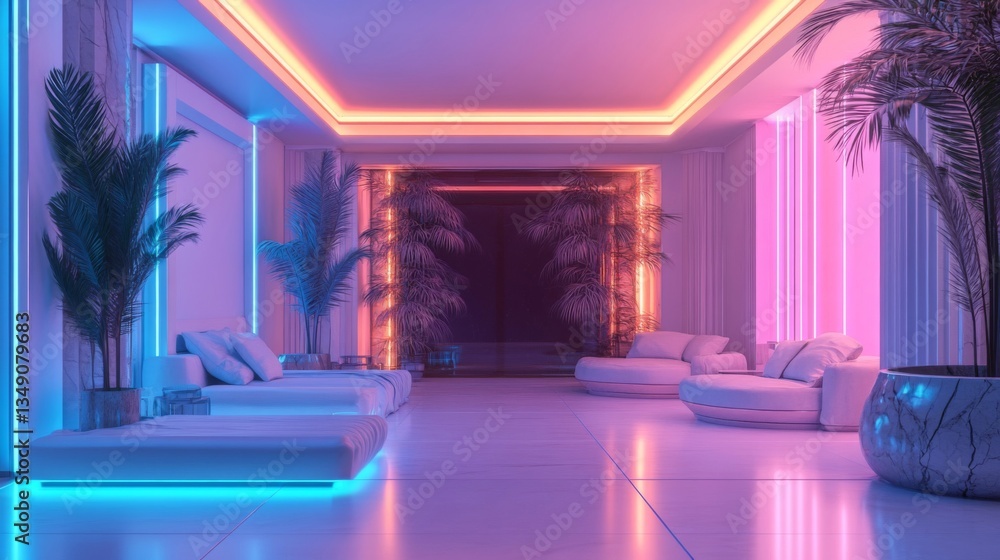 Neon Pink and Blue Lit Modern Living Room Interior Neon Pink and Blue Lit Modern Living Room Interior