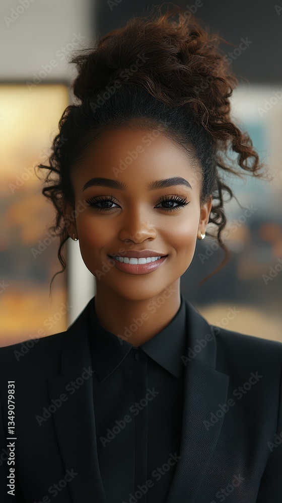 Professional woman in elegant attire smiles warmly in a modern office environment with soft lighting Professional woman in elegant attire smiles warmly in a modern office environment with soft lighting