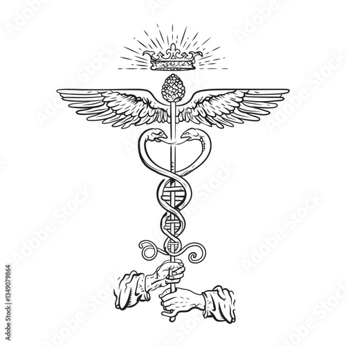 Detailed Drawing of Caduceus with Wings, Crown, and Hands Holding Sword in Line Art Style