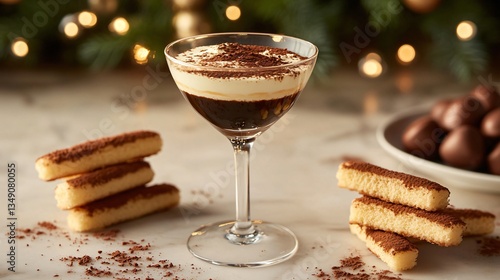 A luscious mascarpone and espresso dessert, elegantly served in a martini glass with cocoa-dusted ladyfingers on the side