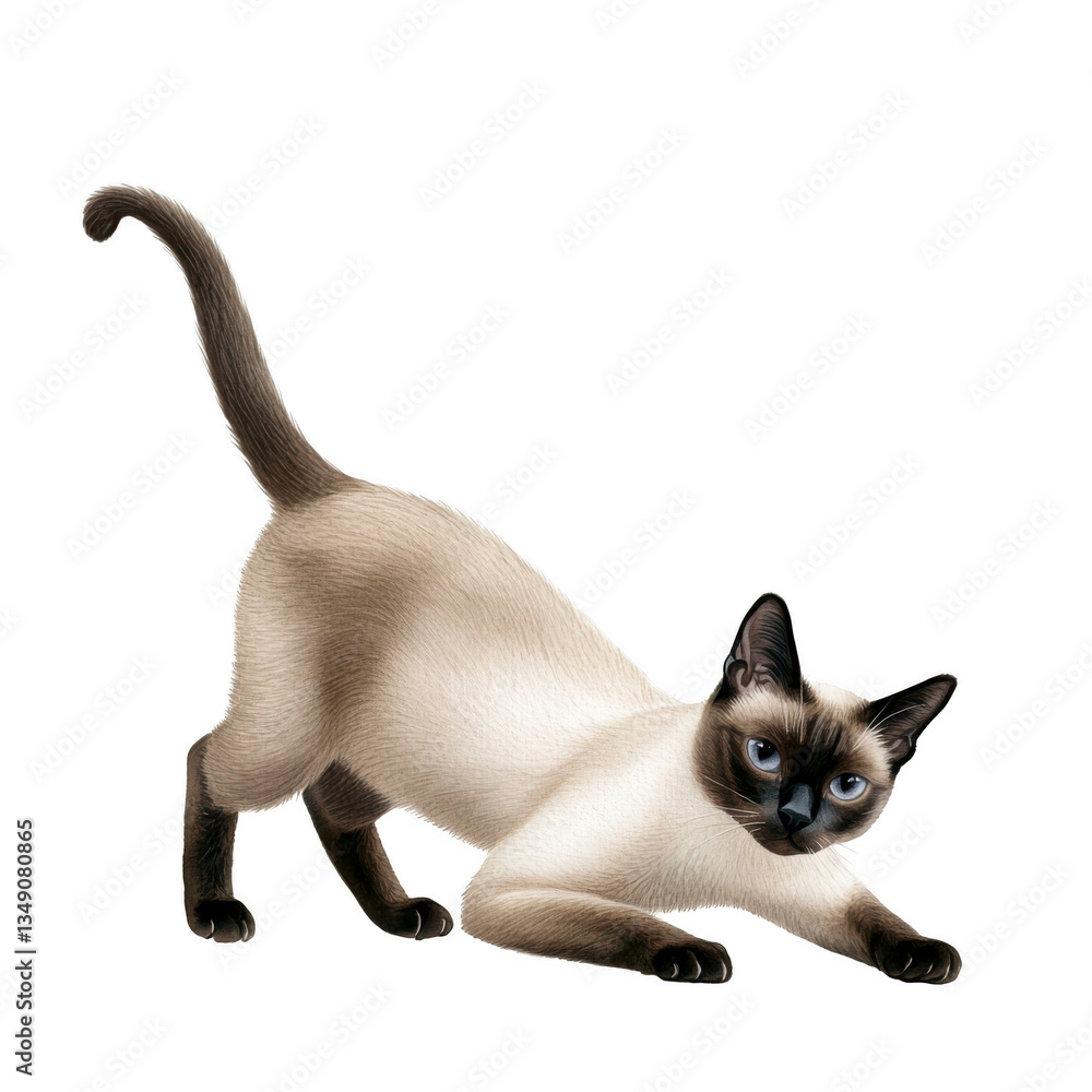 Obraz premium Playful Siamese Cat Stretching in a Dynamic Pose with Expressive Blue Eyes and Elegant Fur