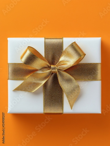 Gift wrapped in gold ribbon on elegant yellow background, festive gift for Christmas, New Year, birthday, anniversary and Valentine's Day. Holiday greeting card. Banner copyspace
