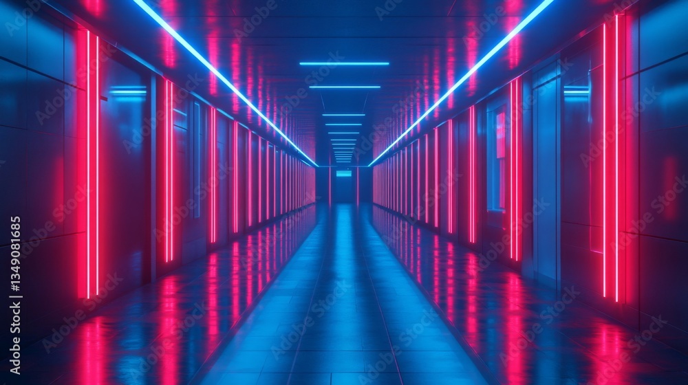 Fototapeta premium Pink And Blue Neon Lights In Futuristic Corridor