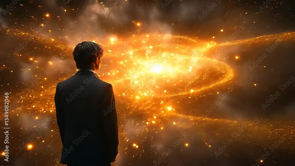 A person in formal attire gazes at a cosmic explosion of colors and light in a surreal space A person in formal attire gazes at a cosmic explosion of colors and light in a surreal space